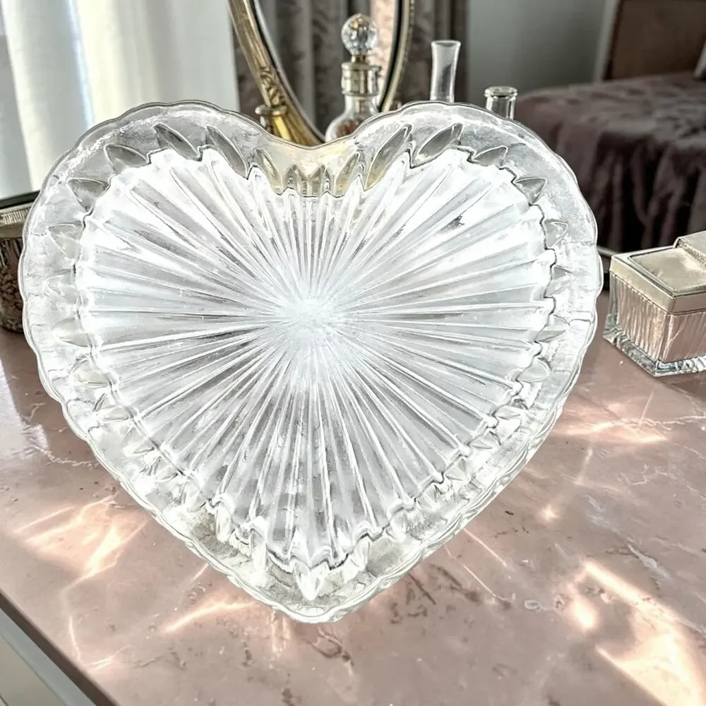 Vintage Silver Plated Heart Trinket Box Glass Mirrored Jewelry Box Monogram DBC